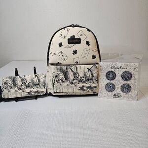 Disney Alice In Wonderland Mini Backpack, Wallet, 4 pc pins Tea Party